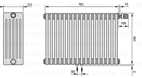 Схема (чертеж) Радиатор Zehnder Charleston 6090/17 №V008 Белый глянцевый RAL 9016